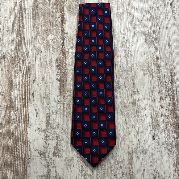 Fabio Fazio Blue Red Square Patterned Hans Made Pure Silk Neck Tie - Picture 3 of 7